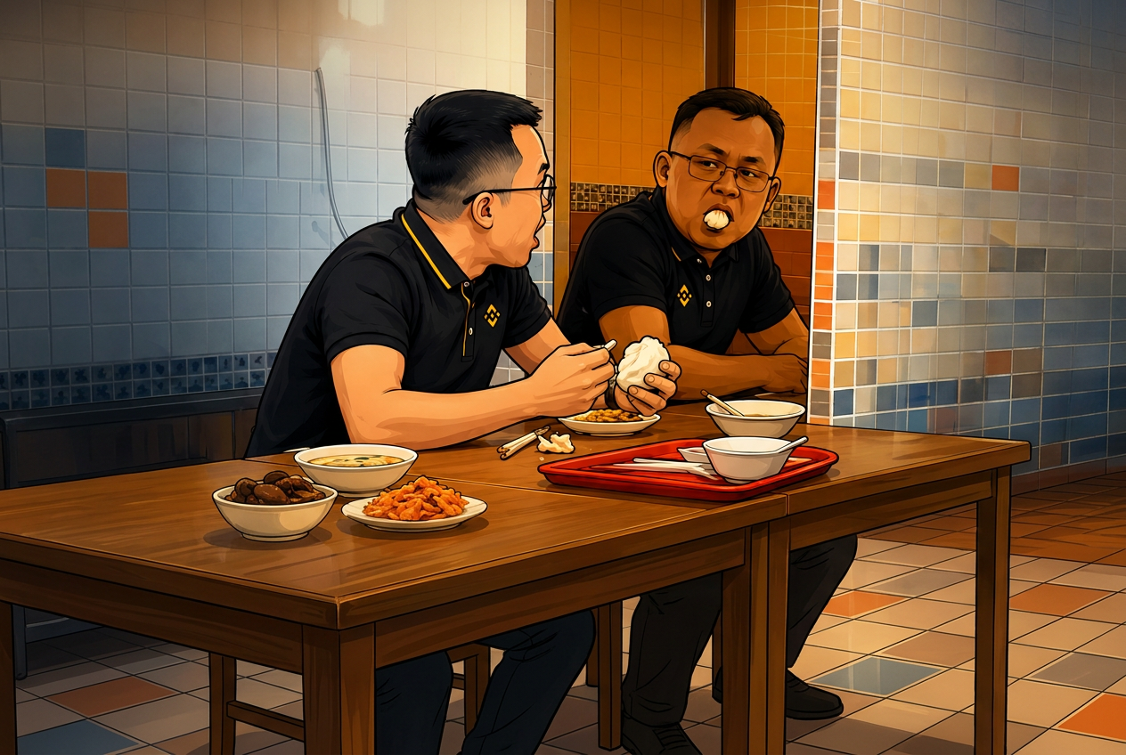 Two cartoon friends at a restaurant table, one shouting mid-meal